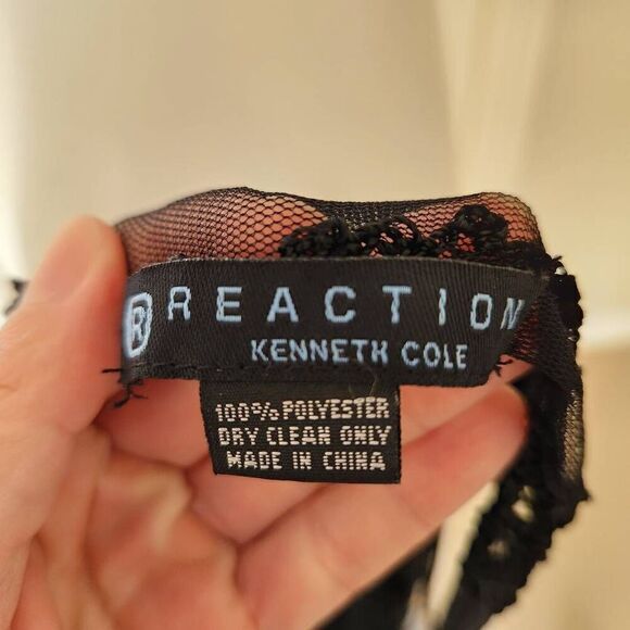 Kenneth Cole reaction black semi sheer floral beaded fringe shawl cover up scarf - Picture 3 of 4